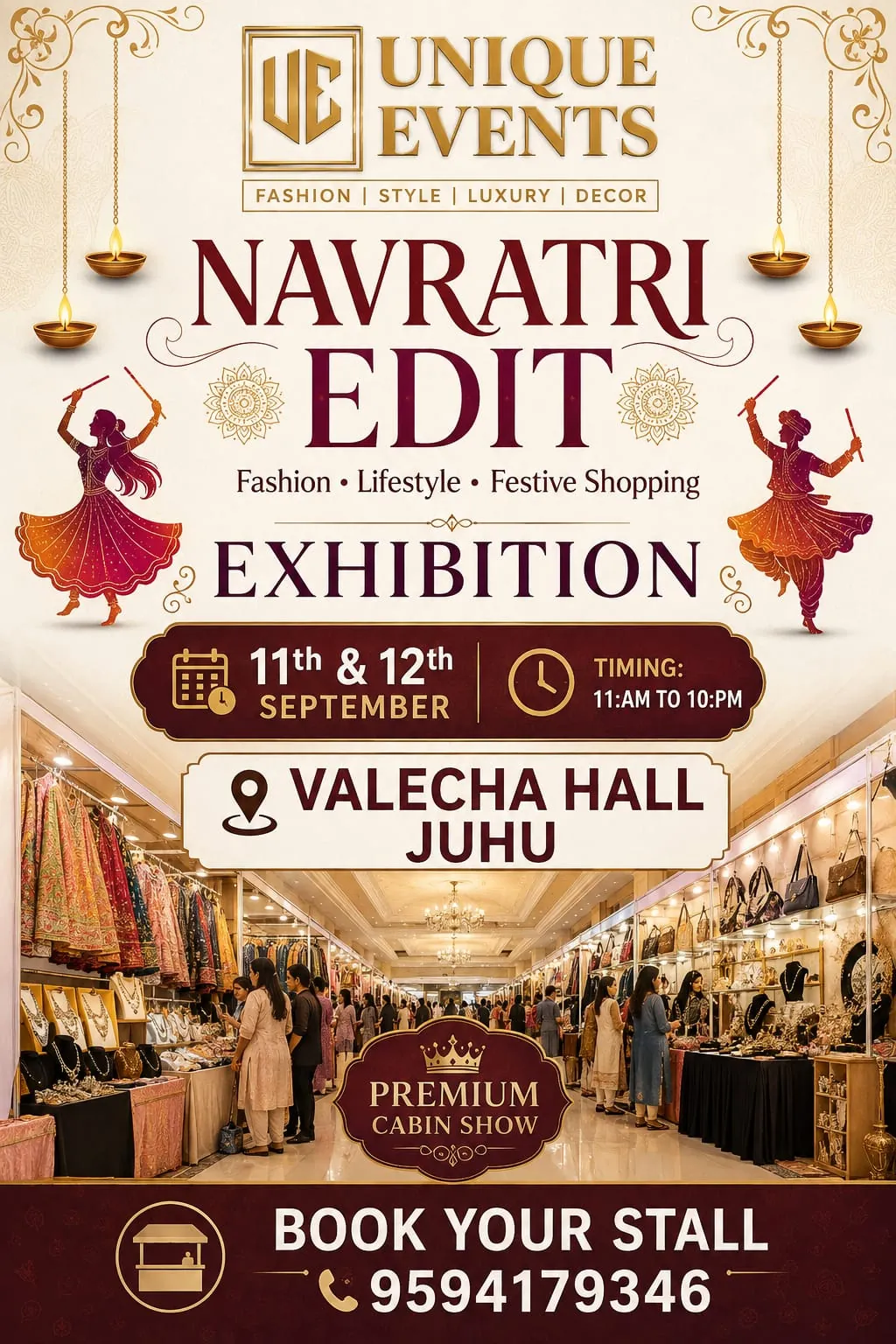 Unique Events Navratri Edit premium cabin show exhibition poster — 11 and 12 September at Valecha Hall, Juhu, Mumbai
