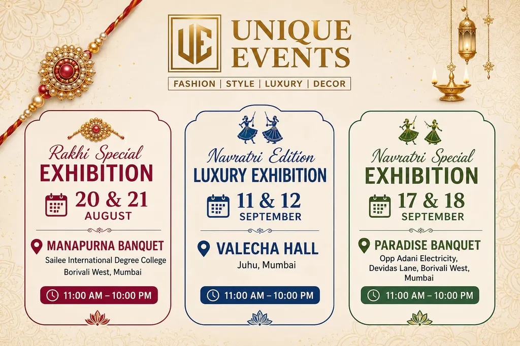 Unique Events upcoming exhibitions summary banner — Rakhi Special, Navratri Edition and Navratri Special with dates, venues and timings