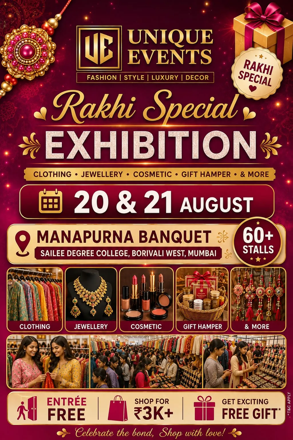 Unique Events Rakhi Special exhibition poster — 20 and 21 August at Manapurna Banquet, Borivali West with clothing, jewellery, cosmetics and gift hampers