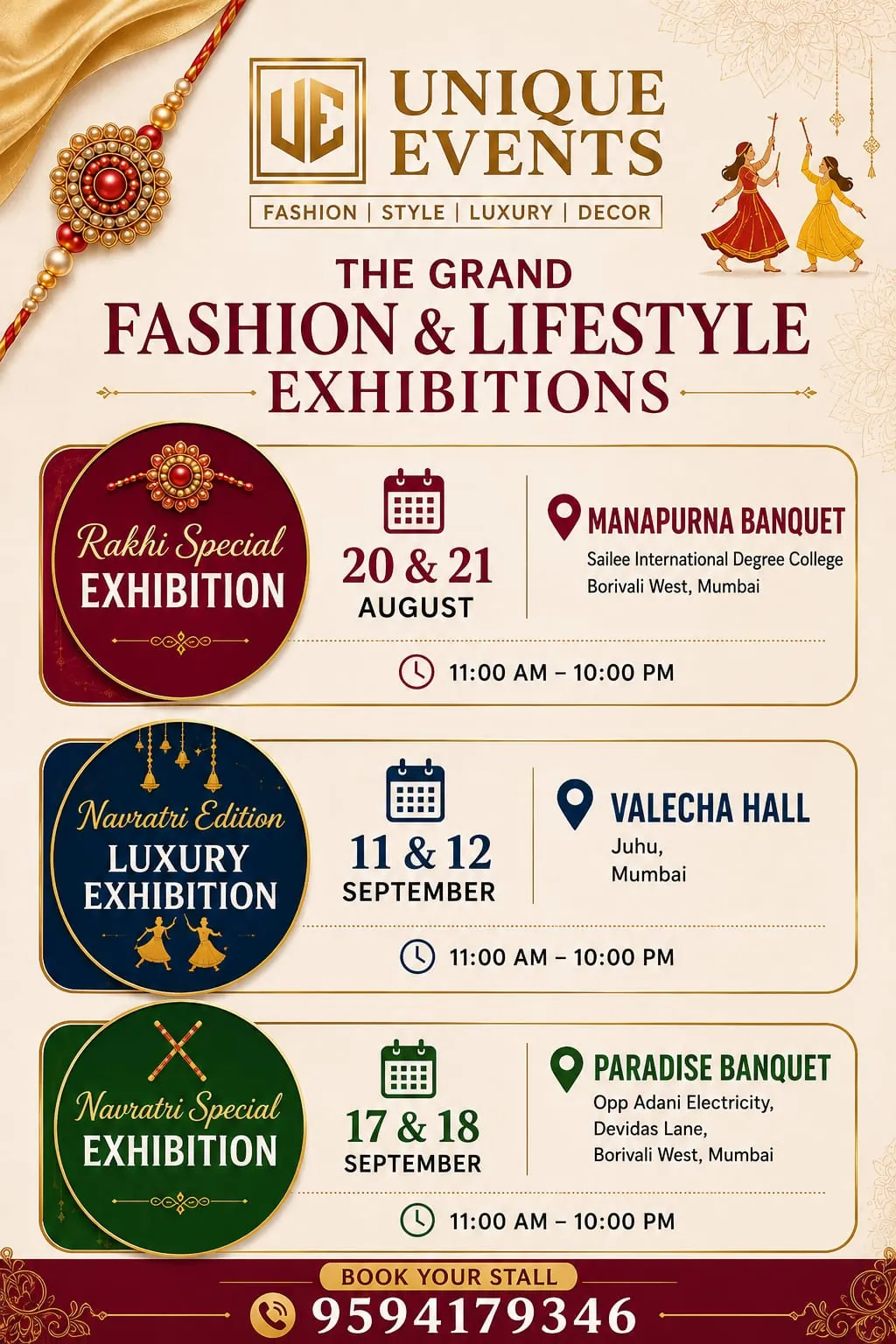 Unique Events The Grand Fashion and Lifestyle Exhibitions schedule poster with all three Mumbai exhibition dates and venues